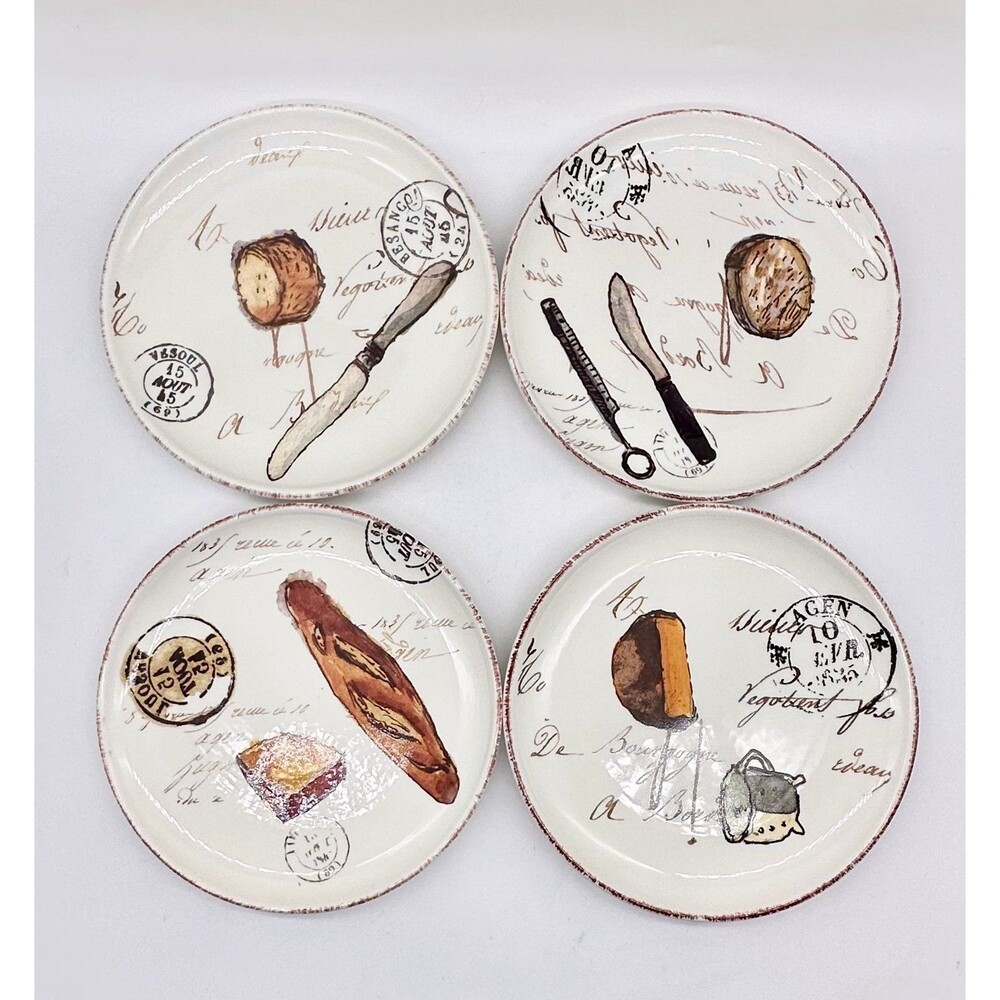 Set of 4 Williams Sonoma Bread Cheese Appetizer Plates French Postcard Cafe